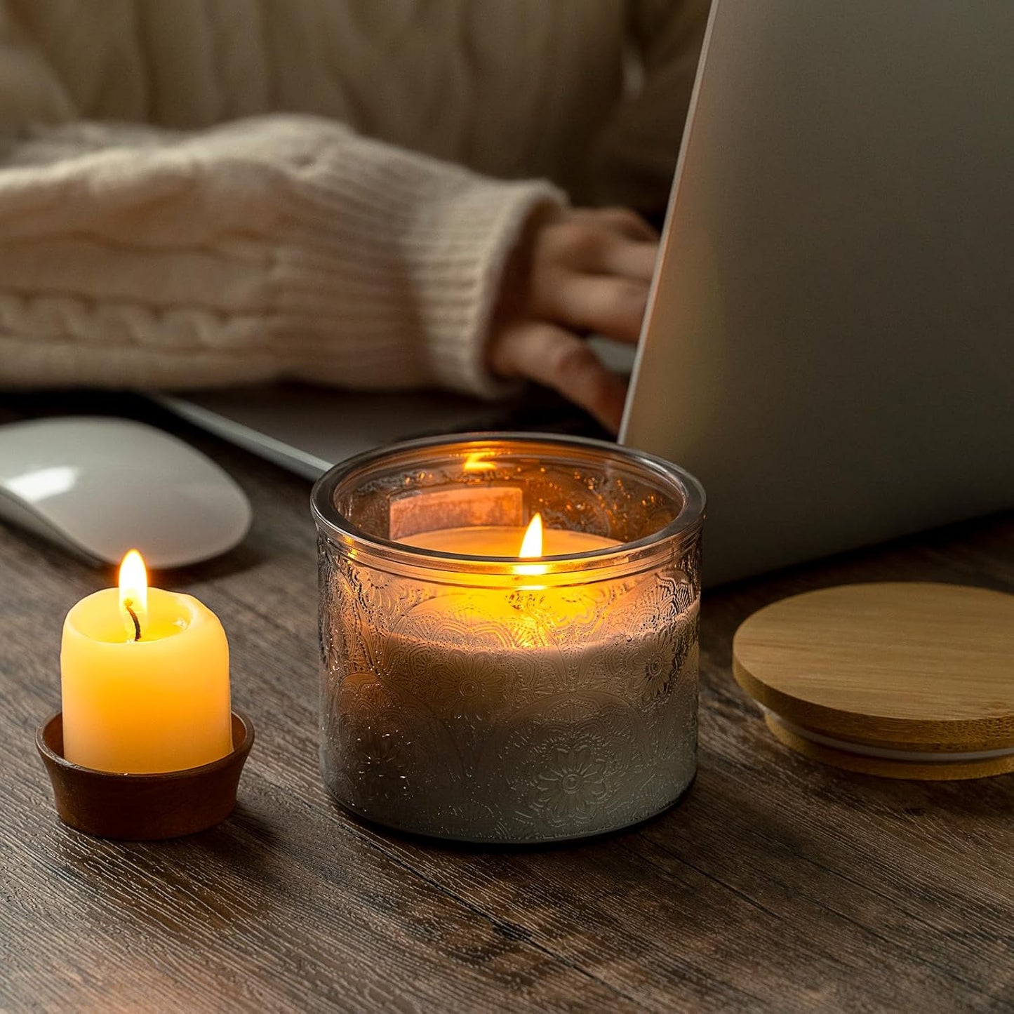 Embossed Candle Jar with Bamboo Lid