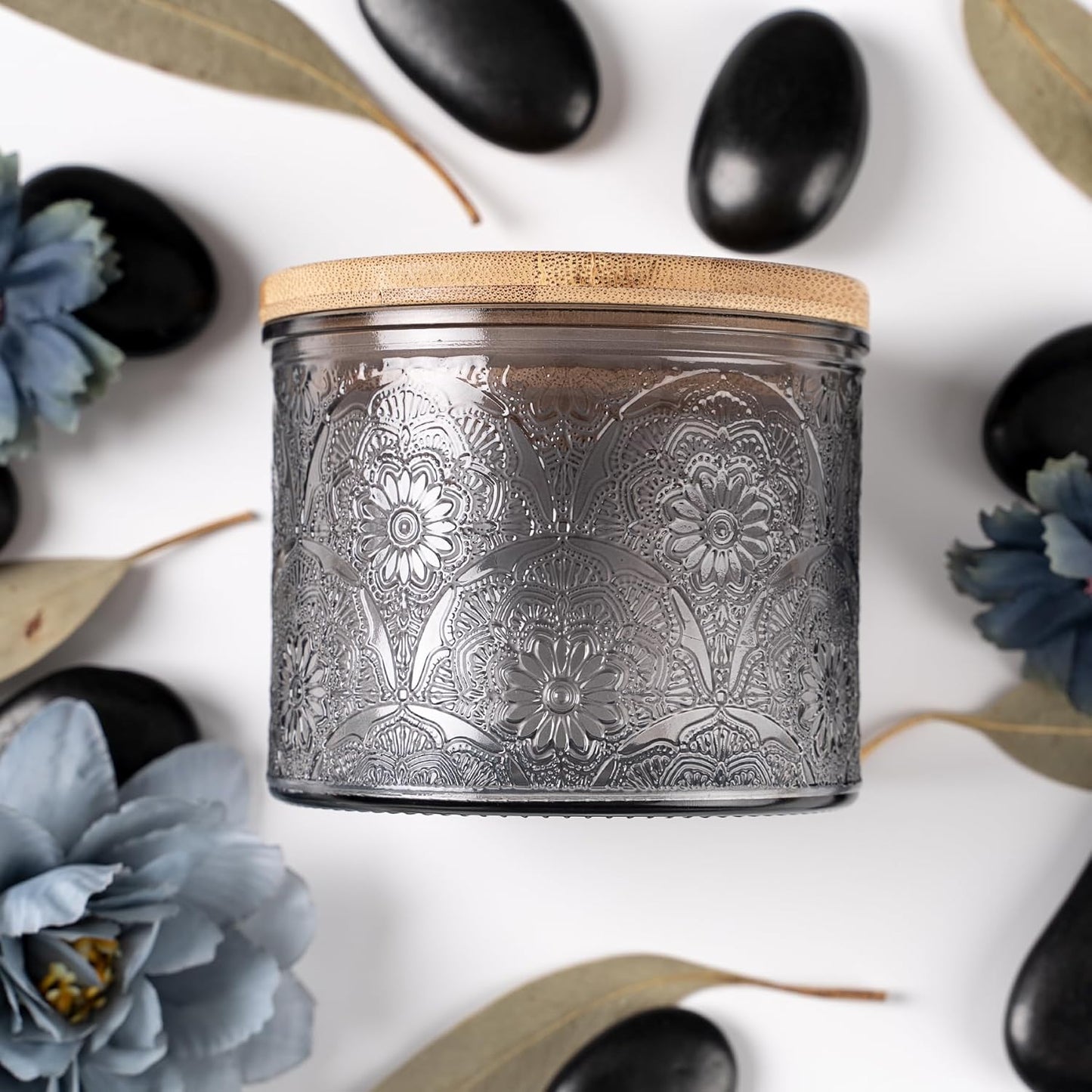 Embossed Candle Jar with Bamboo Lid